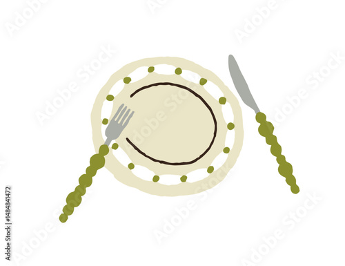 Plate, fork and table knife. Creative modern-style clean dish, flatware, cute...