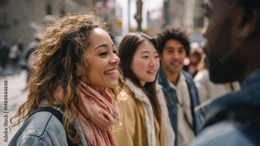 Group of friends smiling and enjoying a vibrant day in the city during spring surrounded by lively urban atmosphere Group of friends smiling and enjoying a vibrant day in the city during spring surrounded by lively urban atmosphere