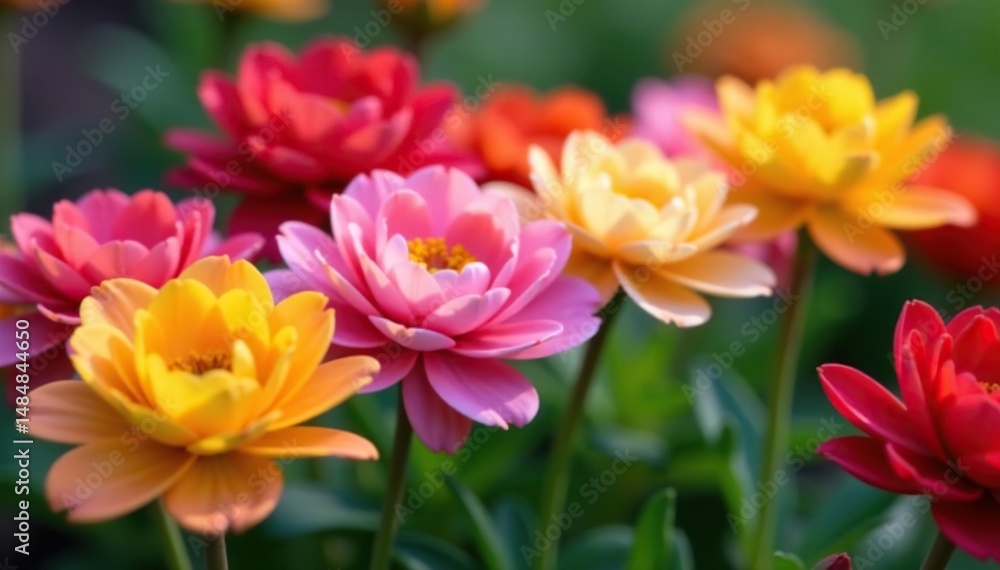 Close-up vibrant blooming flowers in garden bed, growth, blossom, landscape Close-up vibrant blooming flowers in garden bed, growth, blossom, landscape