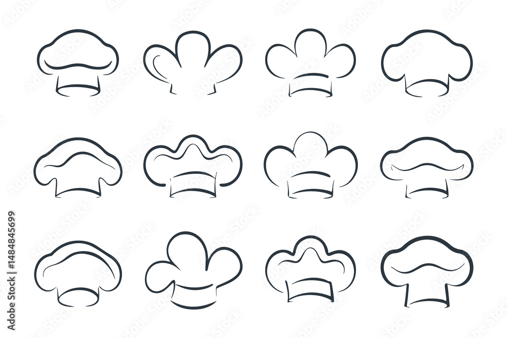 Line Art Set of Chef Hat Icons. Minimalist Hand Drawn Kitchen and Culinary Symbols for Restaurant, Bakery, or Cooking Logo Design Vector Illustration Line Art Set of Chef Hat Icons. Minimalist Hand Drawn Kitchen and Culinary Symbols for Restaurant, Bakery, or Cooking Logo Design Vector Illustration