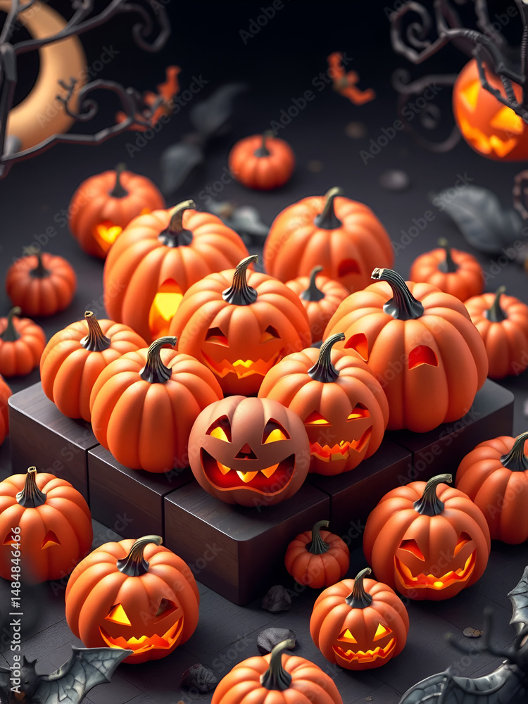 Isometric render of Halloween pumpkins, 3D animation, playful spookiness Isometric render of Halloween pumpkins, 3D animation, playful spookiness