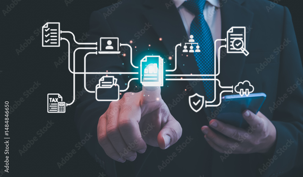 Businessman using digital data analytics interface and financial dashboard on tablet and laptop in office Businessman using digital data analytics interface and financial dashboard on tablet and laptop in office