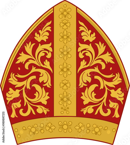 Ornate Catholic Bishop Mitre Vector – Red and Gold Ecclesiastical Hat with Floral Embellishments