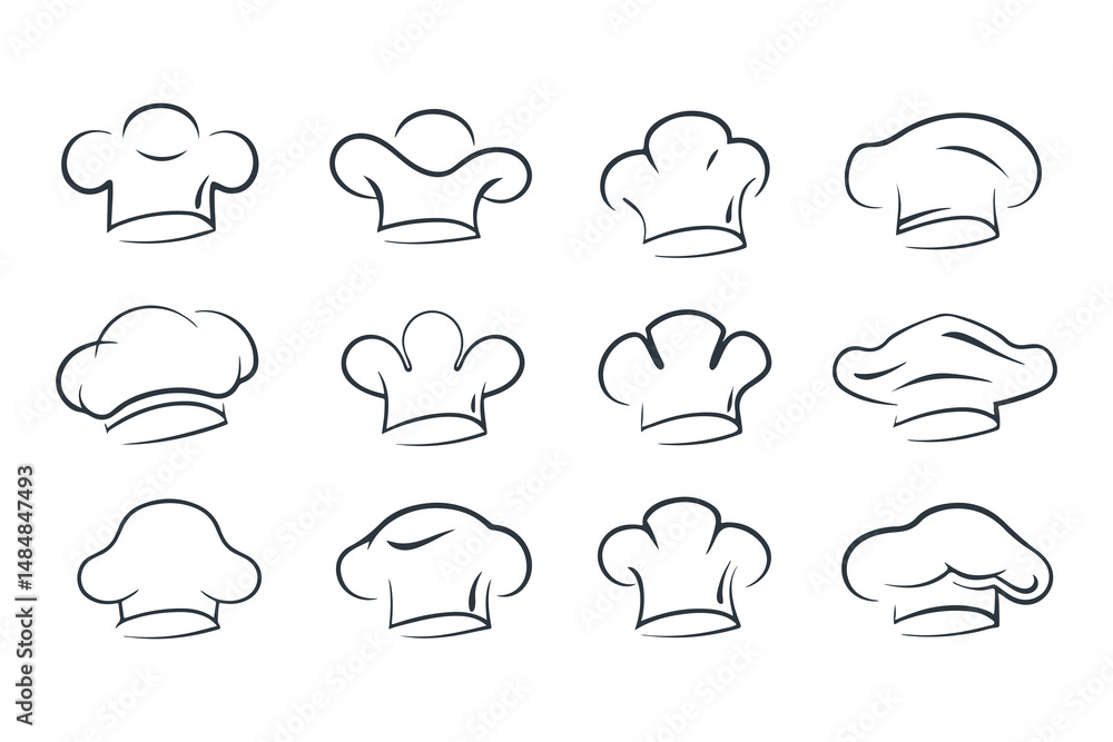 Line Art Set of Chef Hat Icons. Minimalist Hand Drawn Kitchen and Culinary Symbols for Restaurant, Bakery, or Cooking Logo Design Vector Illustration Line Art Set of Chef Hat Icons. Minimalist Hand Drawn Kitchen and Culinary Symbols for Restaurant, Bakery, or Cooking Logo Design Vector Illustration