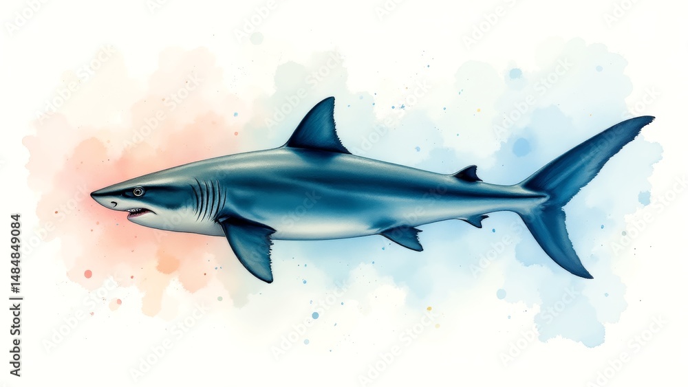 An exquisite watercolor rendering of a shark, encapsulating nature's tranquility and beauty. An exquisite watercolor rendering of a shark, encapsulating nature's tranquility and beauty.