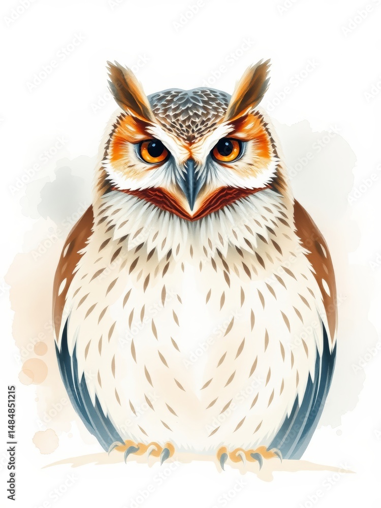 Fototapeta premium Bask in the tranquility of this full body Owl watercolor, resplendent in natural hues on a textured paper backdrop.