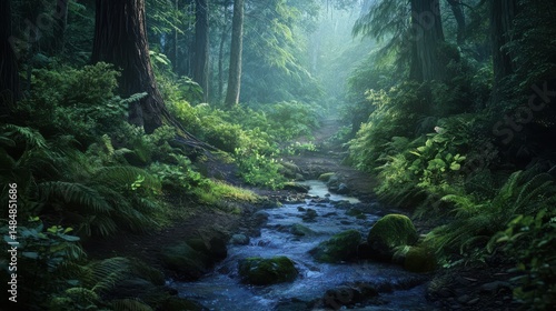 A serene forest scene with a stream running through dense foliage and tall trees