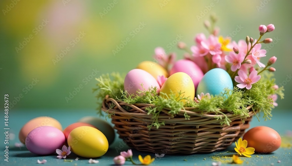 Colorful Easter eggs in a basket with spring flowers , decor, meadow Colorful Easter eggs in a basket with spring flowers , decor, meadow
