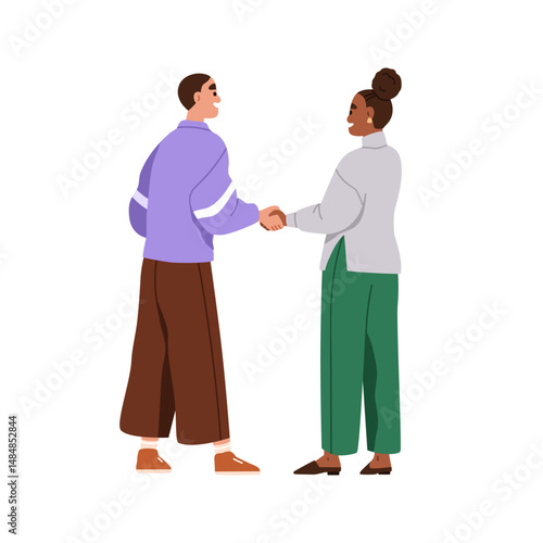 Professional handshake. Male and female business partners communication. Woman and man colleagues in agreement, deal, respect and partnership. Flat vector illustration isolated on white background