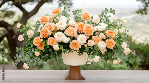Wallpaper Mural Elegant peach and white rose floral arrangement in a modern urn, outdoors. Perfect for weddings, events, or home decor. Torontodigital.ca
