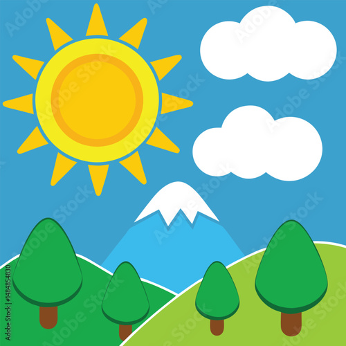 cartoon illustration of a sun with trees clouds and hills