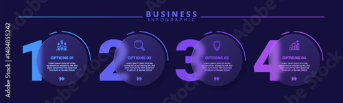 Infographic label design template featuring icons and four distinct steps. Ideal for process charts, presentation slides, workflow schemes, banners, flow diagrams, and data visualizations.