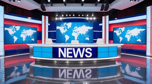 Empty futuristic TV news set with digital world background, LED lights, and glossy surfaces, designed for live broadcasting, media reporting, and real-time global updates



