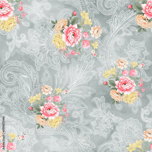 Beautiful floral seamless allover pattern design, abstract flower with artistic background Allover Digital Design, with Flowers, Silky Background Gray & Rad Color allover pattern design,