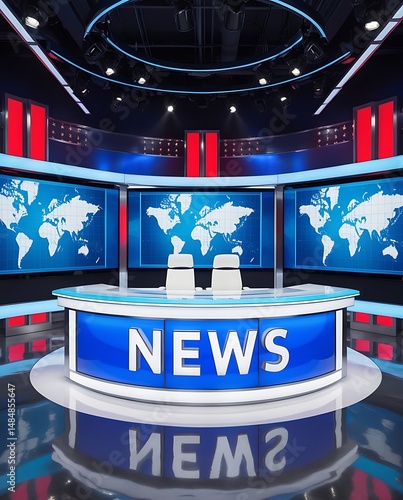 Empty futuristic TV news set with digital world background, LED lights, and glossy surfaces, designed for live broadcasting, media reporting, and real-time global updates


