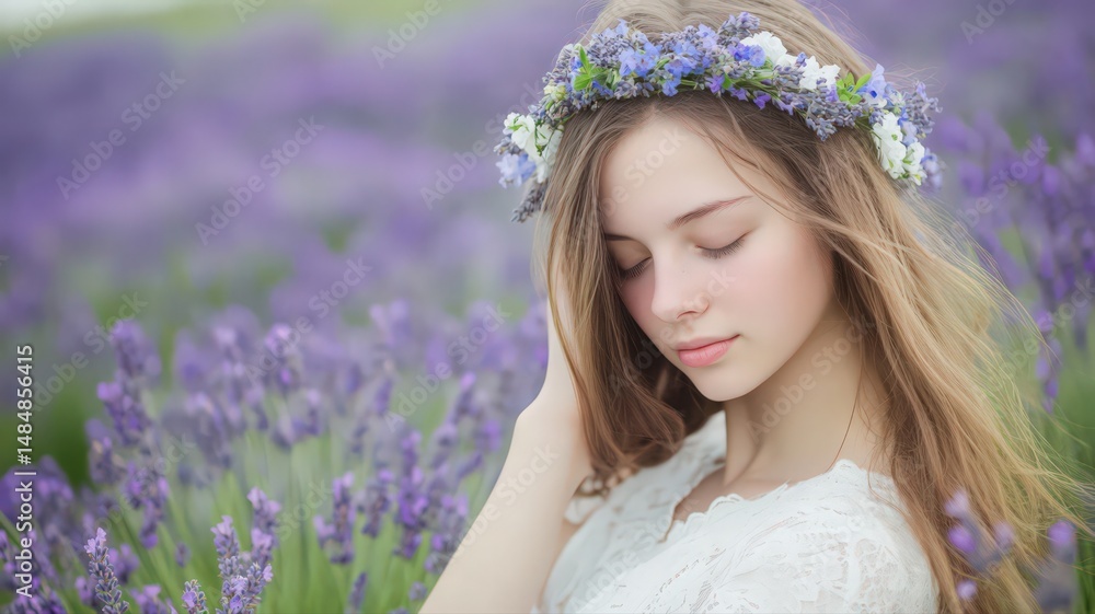 Fototapeta premium Delicate Woman with a Floral Crown Standing in a Lavender Field Surrounded by Blooming Flowers