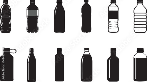 Plastic and Reusable Water Bottle Icons – Flat Black & White Hydration Bottle Silhouettes.