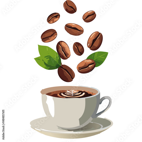 cup of coffee with flying beans vector drink graphic design