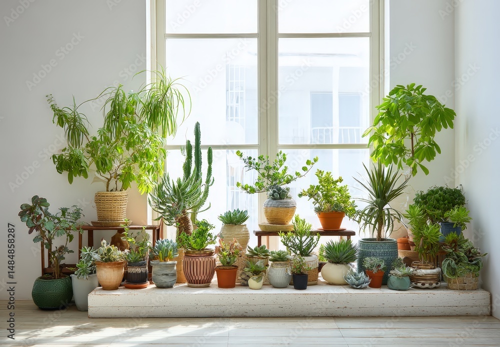 Fototapeta premium Sunlit indoor garden with vibrant potted plants.