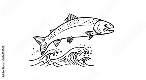 Salmon jumping over waves simple outline art
