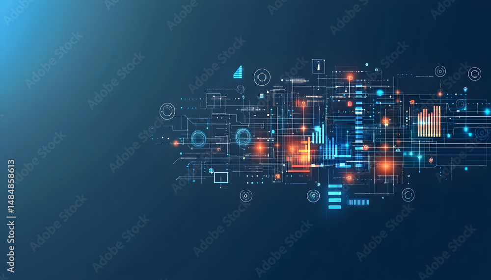 Obraz premium Abstract digital technology background with glowing lines, nodes, and data visualizations. Ideal for tech, innovation, and data-driven concepts.