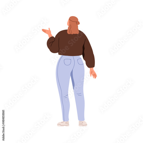 Woman standing, rear view. Female character from behind, gesturing with hand,...