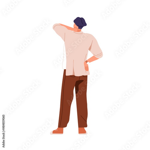 Man standing with back turned, thinking. Young male in thoughtful pensive pose, hand on hip, scratching neck, looking forward, view from behind. Flat vector illustration isolated on white background