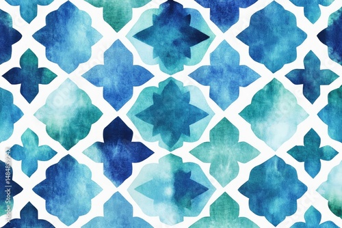 Watercolor geometric pattern in cool blues and teal, on white background