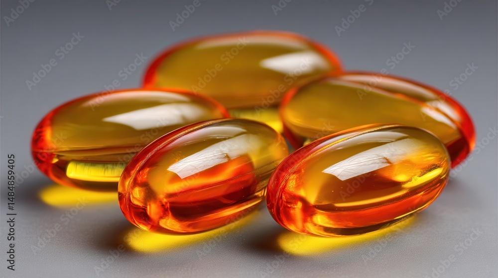 Fish oil softgels supplement health Translucent capsules with golden liquid on a smooth surface. Fish oil softgels supplement health Translucent capsules with golden liquid on a smooth surface.