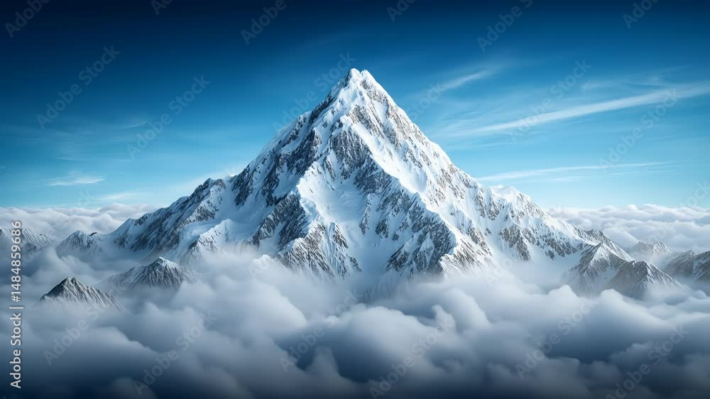 Snowy Mountain Peak Above Clouds Blue Sky Aerial View Snowy Mountain Peak Above Clouds Blue Sky Aerial View