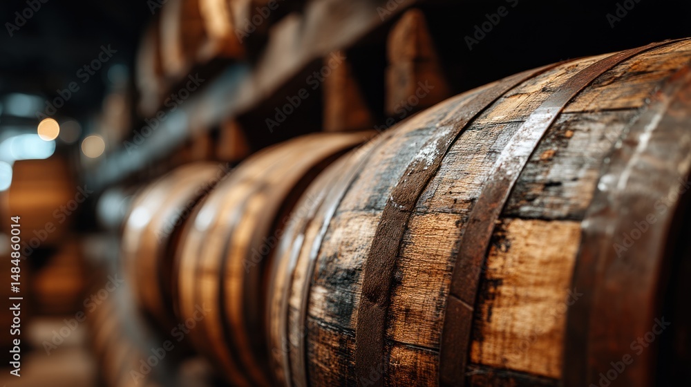 Wooden barrels stacked in a dark cellar or warehouse aging process. Wooden barrels stacked in a dark cellar or warehouse aging process.