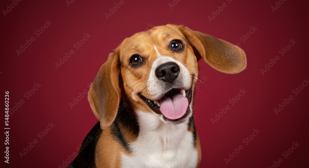 Happy beagle portrait against red background Happy beagle portrait against red background