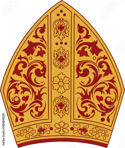 Golden and Red Ornate Bishop Mitre Vector – Baroque Catholic Clergy Hat Illustration with Floral Design