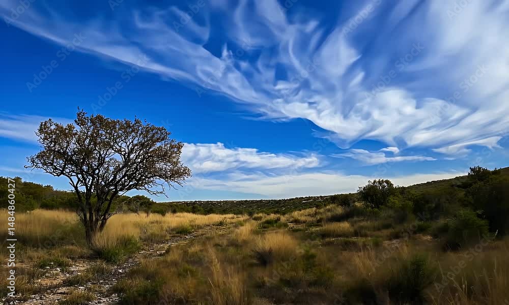 Lone Tree Silhouetted Against a Blue Sky and Cirrus Clouds in a Brown Grass Field Lone Tree Silhouetted Against a Blue Sky and Cirrus Clouds in a Brown Grass Field