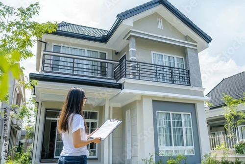 Woman inspecting a two story house with a clipboard in hand on a sunny day outdoors in a neighborhood