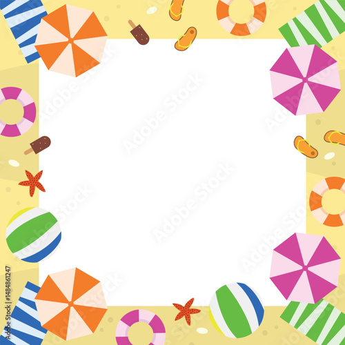 Frame with beach, umbrellas, towels and other elements. Top view. Space for text. Summer vacation.
