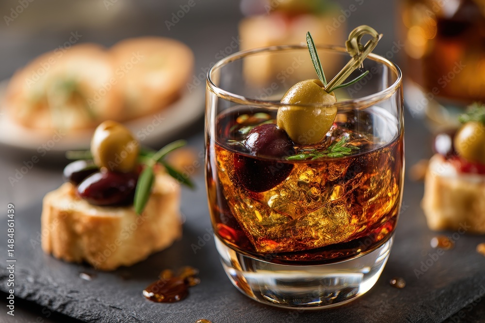 Elegant cocktail with olives and garnish served on slate. Elegant cocktail with olives and garnish served on slate.