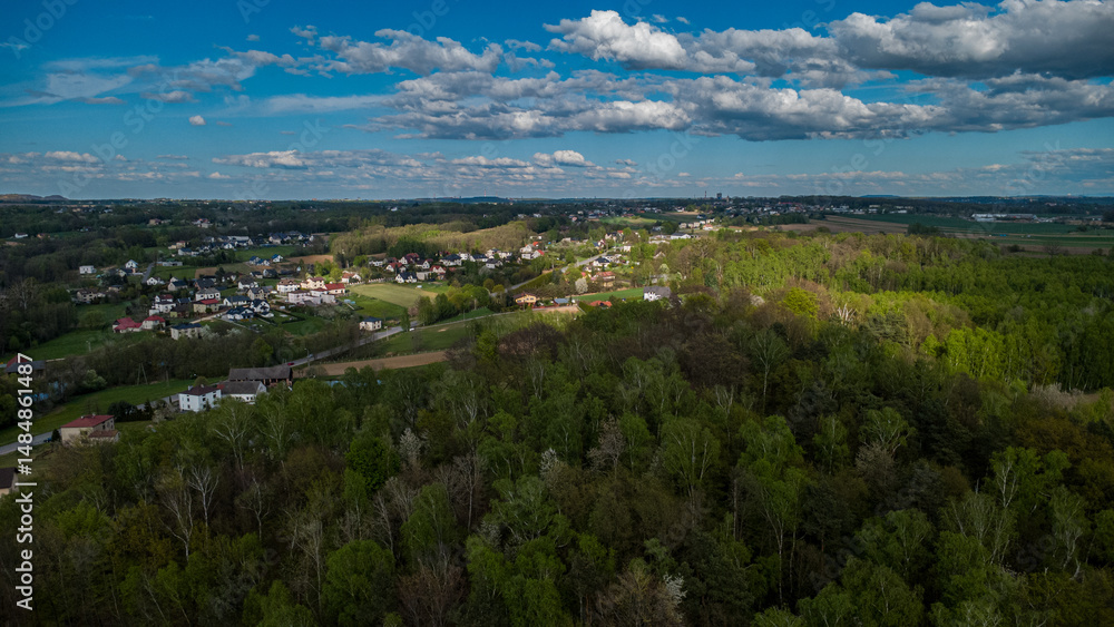 : Aerial View of a Rural Landscape with Houses and Dense Forest in Poland : Aerial View of a Rural Landscape with Houses and Dense Forest in Poland