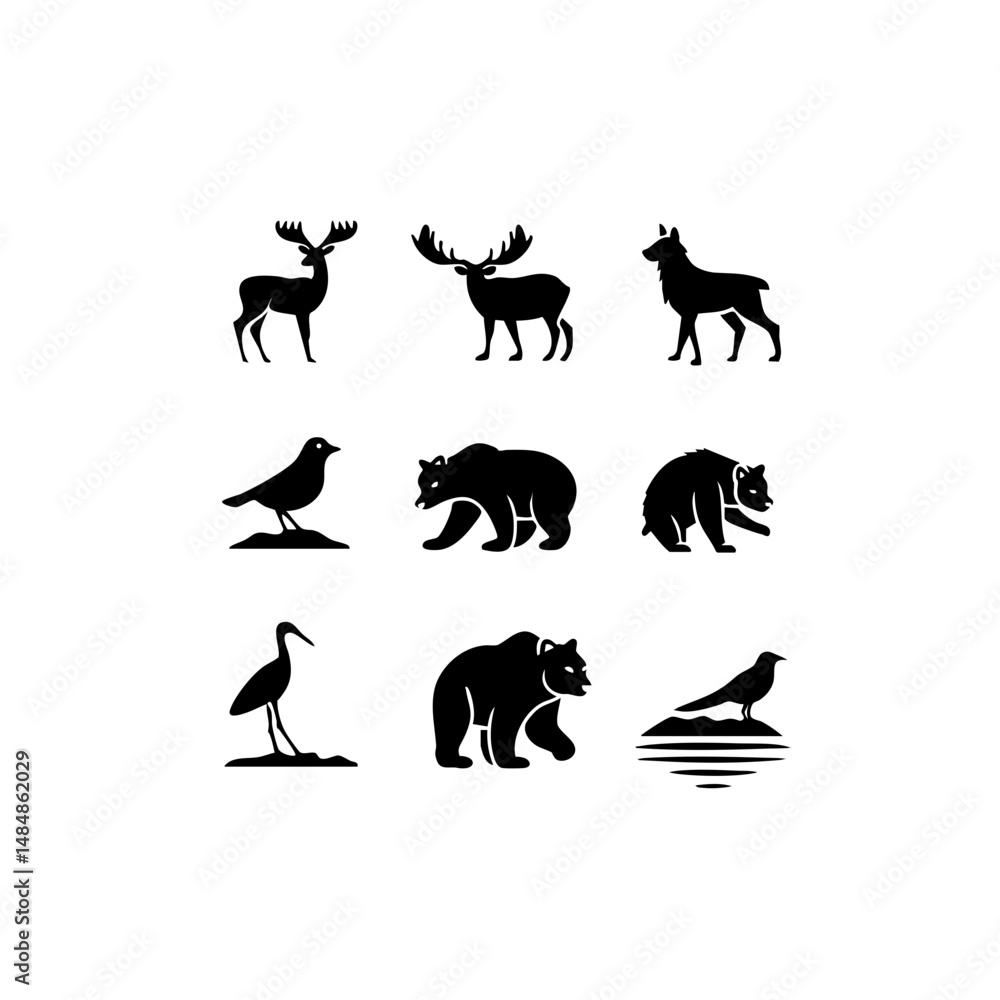 Obraz premium North American Animals Vector Icon Set - Minimalist Wildlife Silhouettes for Design Projects