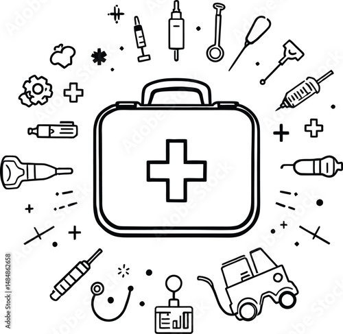 Black and white vector illustration of a first aid kit surrounded by essential medical tools, including syringes, stethoscopes, thermometers, pills, bandages, and various healthcare symbols like cross
