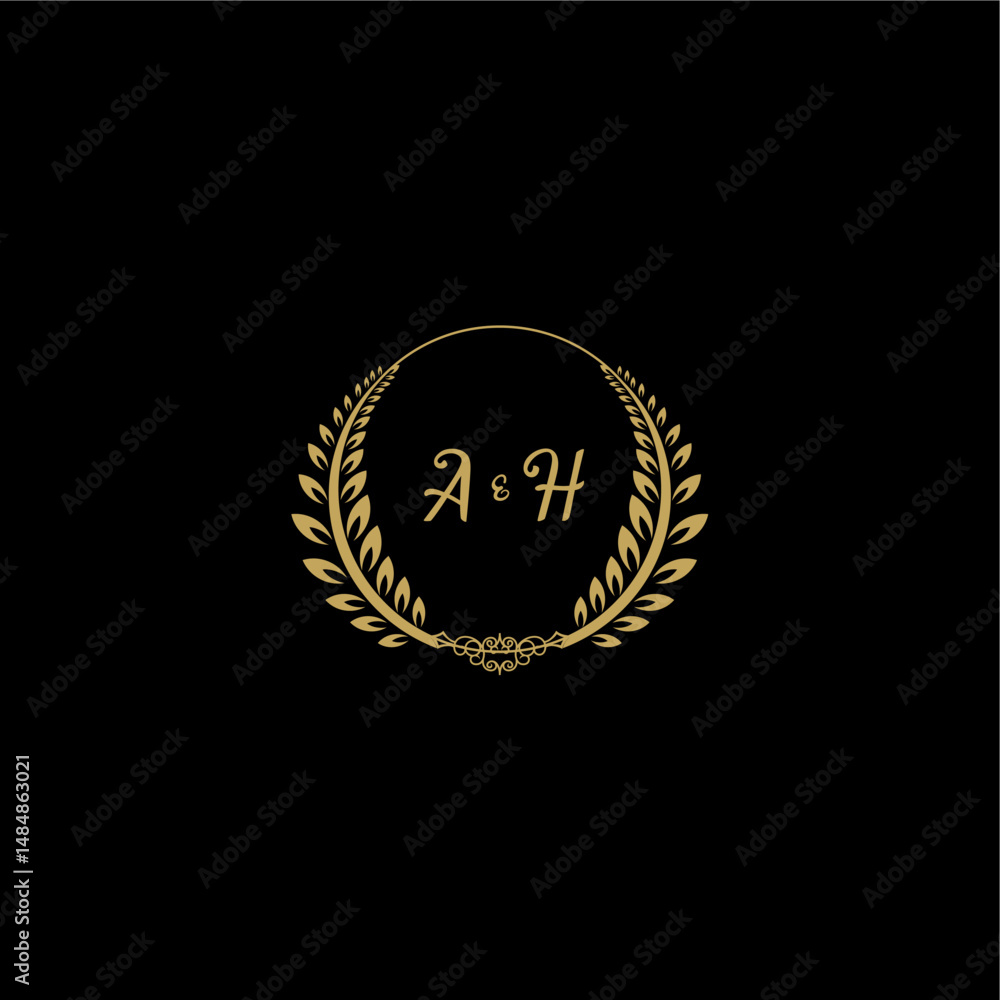 Naklejka premium AH beautiful, feminine and elegant wedding monogram initial logo with circle floral gold