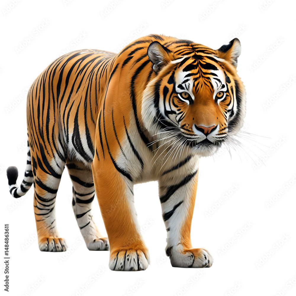 Obraz premium White background isolation of a striped Bengal tiger, a majestic wild feline predator