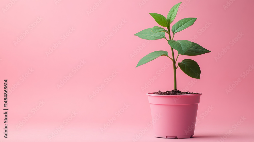 Obraz premium Small potted plant with green leaves on a pink background.