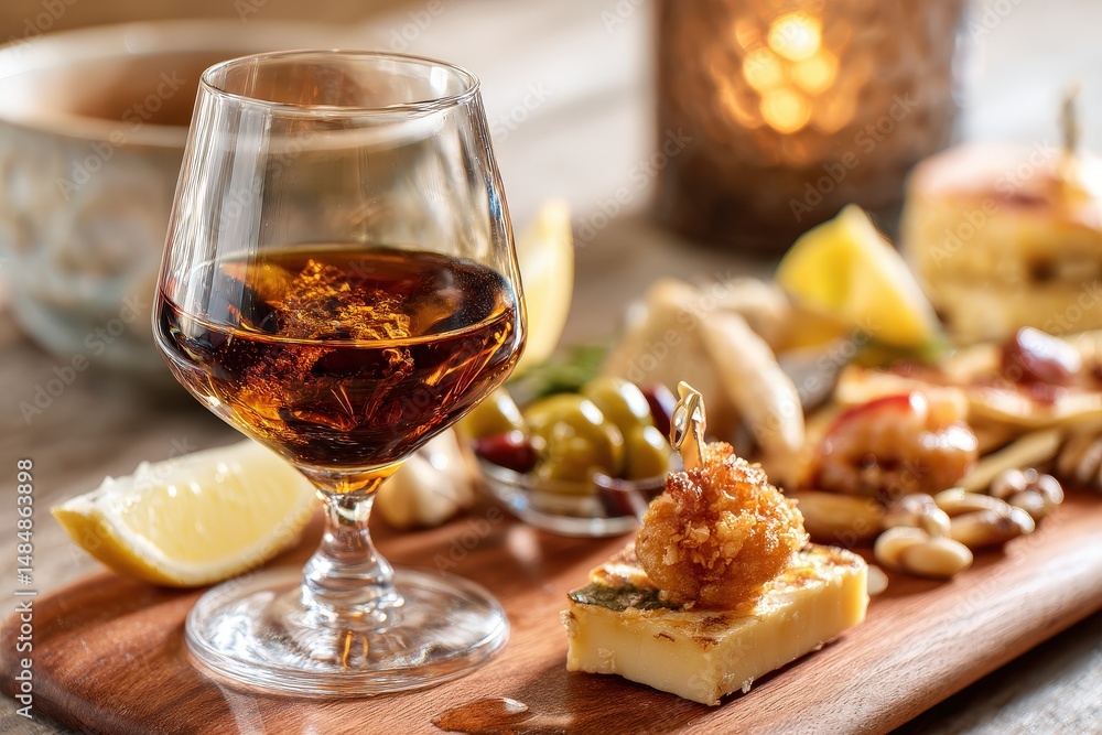 Naklejka premium Glass of brandy with gourmet appetizer plate.