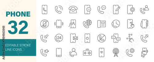 Phone icon set. Containing mobile, contact, message, communication, call, mobile pay, cellular, vibrate, game, Wi-Fi and more. Editable line icons. Vector illustration.