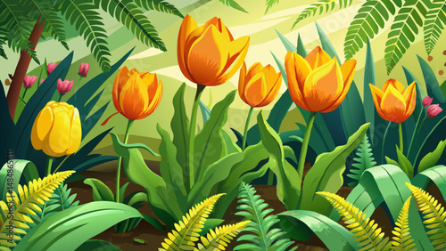 Flower bed in the garden. Yellow tulips (Latin: Tulipa) on the background of green fern (Latin: Matteuccia struthiopteris) leaves, close-up. Free space, space for text very beautiful