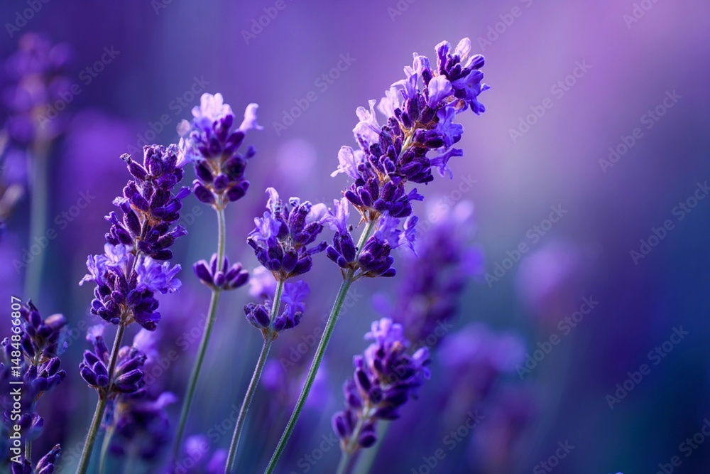 Fototapeta premium Lavender Blooms Softly Fade Into Dreamy Defocus Under Golden Light Generative AI