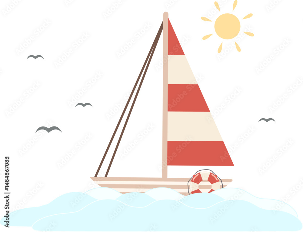 Naklejka premium Summer travel illustration. Vector hand drawn boat and lifebuoy and sun in waves isolated.