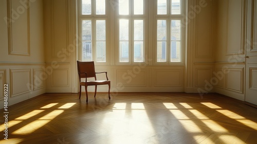 Sunlit empty room with wooden chair and large windows in elegant interior