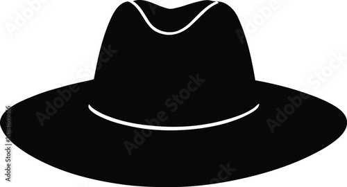 Black and white vector illustration of a wide-brimmed hat with a distinct crease at the top, resembling a fedora or cowboy hat, designed with bold silhouette styling to represent fashion, accessories